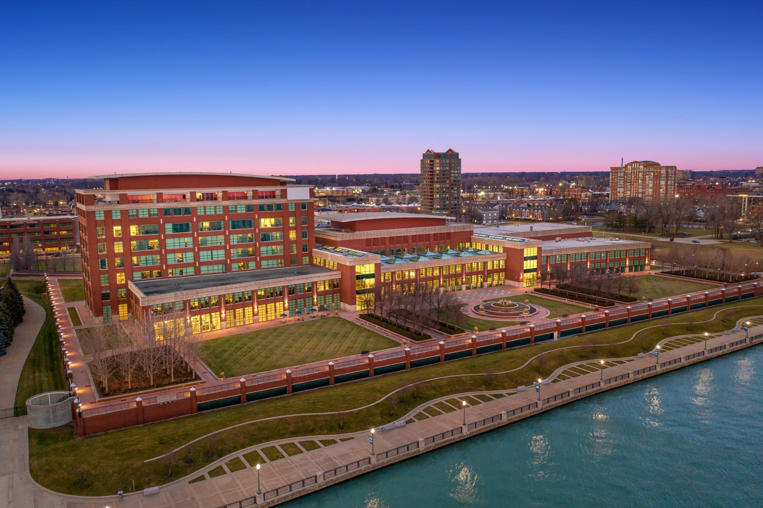 Birds eye view of The Icon event space looking northeast from the Detroit River and the Riverfront garden space.