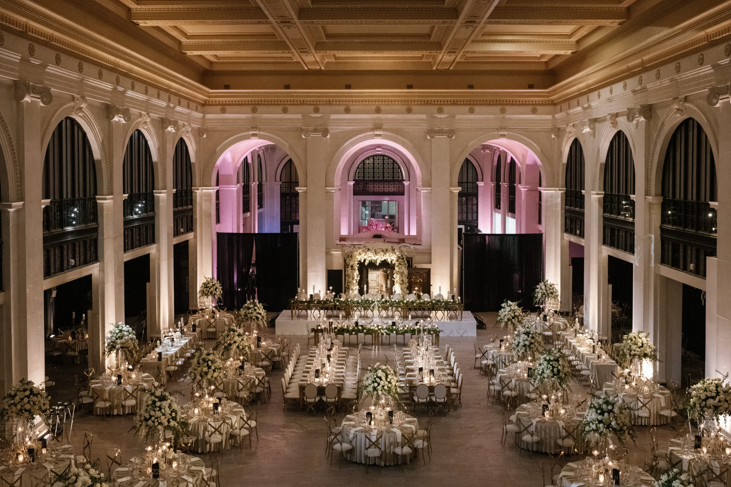 Aerial view of wedding setup in historic bank