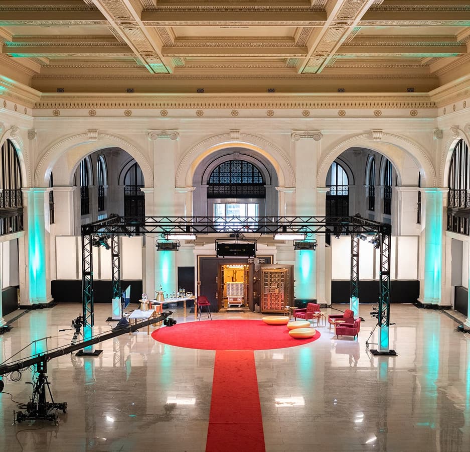 A film set in front of a bank vault